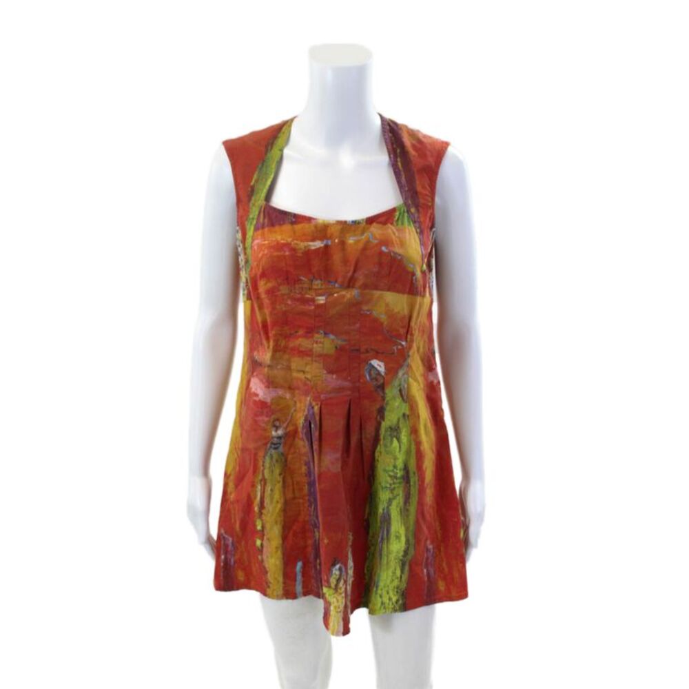 Adventures Des Toiles Womens Abstract Square Neck Sleeveless Dress Orange Size 4